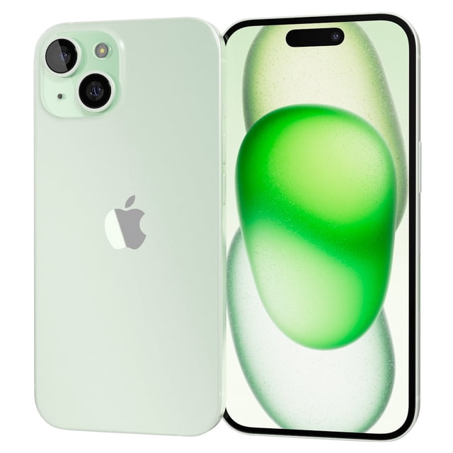 apple iphone 15 plus 512gb verde esim reacondicionado Vista frontal y trasera de iPhone 15 Plus verde con 512GB y eSIM; pantalla edge-to-edge con Dynamic Island y reverso con dos cámaras diagonales, flash LED y logo Apple plateado en acabado verde claro mate. A menudo usado como teléfono principal desbloqueado por su mayor capacidad de almacenamiento.