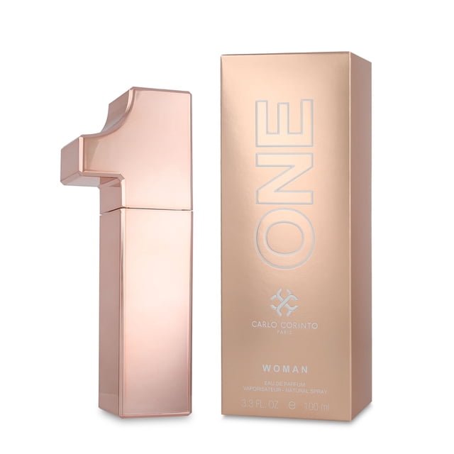 carlo corinto one woman 100ml edp spray frasco en forma de "1" color amarillo junto a su caja dorada vertical con ONE impreso; 100 ml, familia olfativa almizcles, notas de toronja y rosa, fragancia para dama adecuada como regalo del Día de las Madres.