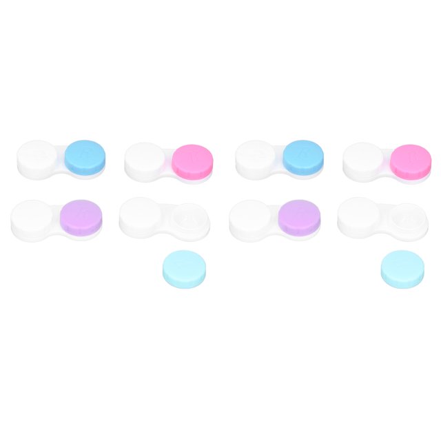 estuche para lentes de contacto, 12 piezas multicolor: conjunto de estuches dobles de plástico PP con tapas blancas y colores azul, rosa y lila en vista frontal sobre fondo blanco; tamaño portátil y superficie brillante, paquete de 12 ideal para llevar en cartera y suele emplearse para organizar lentes durante viajes.