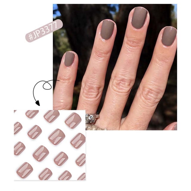 uñas postizas a presión, regalos para mujeres, uñas cortas a presión, uñas postizas cortas con pegamento reutilizable, 12 tamaños, parche de 2 ml Kit Mychoice color F: mano frontal con cinco uñas postizas cortas cuadradas aplicadas, superficie ligeramente brillante y bordes recortables; inserto muestra 24 placas en 12 tamaños en matriz. Incluye jeringa de pegamento reutilizable 2 ml, lima y palito de madera; idóneas para manicura rápida y retoques de viaje.