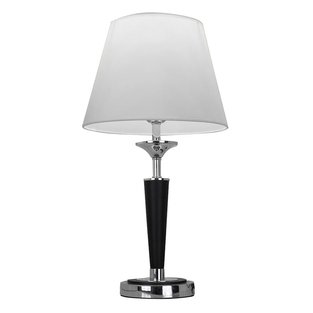 mil luces lampara de buro minimalista andrómeda ii Lámpara de mesa frontal con pantalla de tela blanca opalina y base y cuerpo de metal cromado; cuerpo cónico color café sobre base redonda cromada, 28 x 28 x 53 cm, incluye pantalla, base y cuerpo, ideal para sala, recámara o escritorio; adecuada como luz de lectura o ambiental.