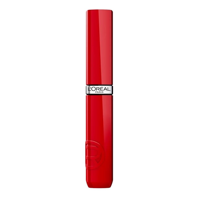 labial líquido acabado brillante l'oréal infallible laque resistance rouge paris 420 envase frontal alargado en rojo brillante con banda plateada central con logo L'Oréal Paris; superficie lisa y reflectante sobre fondo blanco; especificaciones indican aplicador de punta angular y fórmula de larga duración, adecuado para maquillaje de labios; a menudo se utiliza también para retocar color en muestras de maquillaje durante viajes.