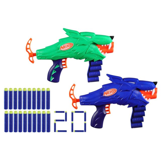 lanzadores hasbro nerf nerf n series wolfpack pack de 2 lanzadores con diseño de lobo multicolor; dos pistolas (verde y azul) en vista frontal con empuñaduras adaptadas a manos pequeñas, palancas de recarga de menor resistencia y boquillas naranjas; incluye 20 dardos de espuma azules con puntas verdes sobre fondo blanco; also aptos para juegos de puntería en interiores y exteriores.