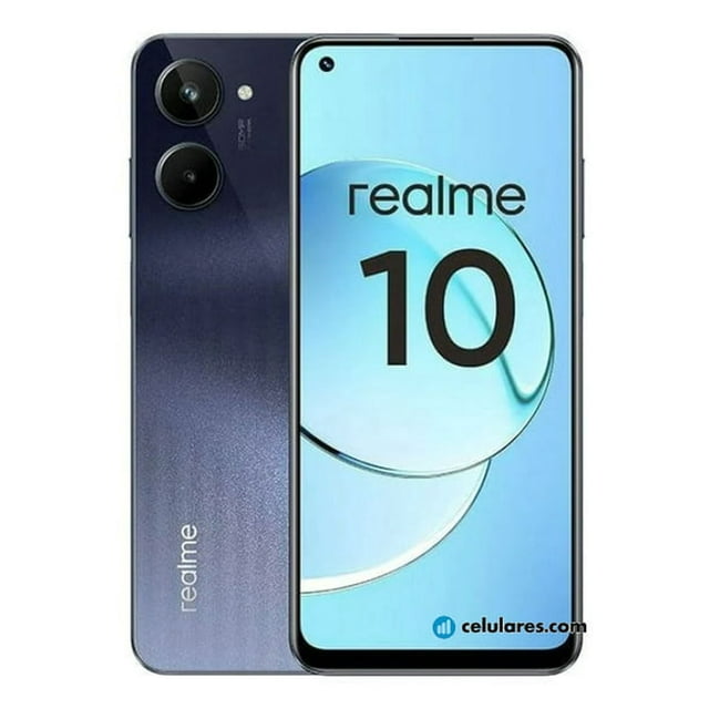 realme 10 128 gb rom 8 gb ram negro desbloqueado Teléfono con pantalla frontal de borde delgado y cámara frontal en agujero superior izquierdo; trasera negra con dos módulos circulares de cámara y logo realme; 8+128 GB con procesador Helio G99, orientado a multitarea equilibrada y uso diario, a menudo usado para ejecutar varias apps y consumo multimedia.