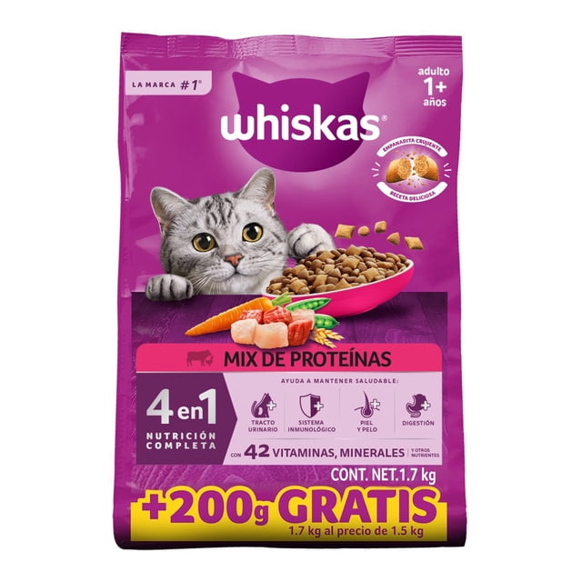 Alimento Seco para Gatos Adultos Whiskas® 4 en 1, 100% Nutrición Completa y Balanceada – Sabor Mix de Proteínas 1.7kg