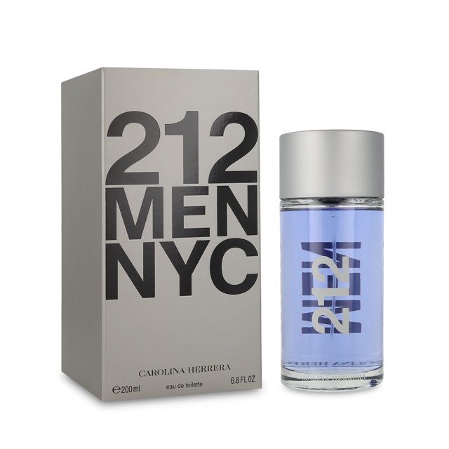 212 200 ml edt spray 212 Men de Carolina Herrera, frasco cilíndrico transparente con tapa plateada y líquido visible, junto a caja gris con letras negras '212 MEN NYC' en vista frontal sobre fondo blanco; fragancia almizcle amaderado que suele usarse en ocasiones nocturnas o eventos formales.