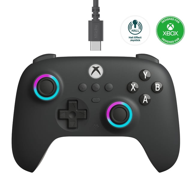 controlador 8bitdo ultimate c con cable para xbox series x|s/one gris oscuro, vista frontal centrada con cable USB-C; carcasa gris oscuro, botones ABXY blancos y logo Xbox plateado, cruceta y paragolpes mejorados, joysticks con anillos de iluminación RGB Fire Ring y palancas Hall Effect, gatillos superiores, conector de audio de 3.5 mm y agarre con vibración mejorados. También es adecuado para jugar en Windows 10/11.
