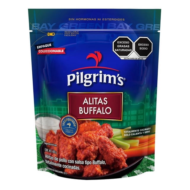 alitas pilgrim's buffalo 600 g Bolsa resellable Pilgrim's, vista frontal del empaque azul con etiqueta roja 'Alitas Buffalo'; alitas de pollo totalmente cocinadas en salsa tipo buffalo, contiene 6 piezas, leyendas 'sin hormonas ni esteroides' y advertencias de exceso de grasas y sodio. Ideal como botana rápida para reuniones.