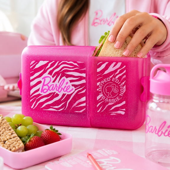 Contenedor de Alimentos Rectangular de Plástico, Lunch Box Escolar con 2 Divisiones, Diseño Barbie Animal Print Rosa