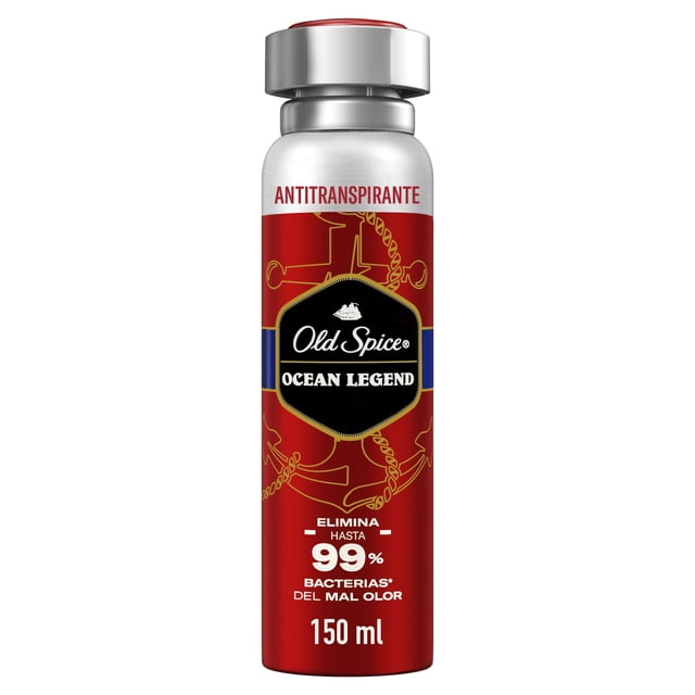 spray antitranspirante old spice ocean legend 93 g / 150 ml bote aerosol rojo frontal con tapa plateada. Etiqueta negra central con logo Old Spice y texto Ocean Legend; texto superior ANTITRANSPIRANTE y leyenda que indica elimina hasta 99% de bacterias del mal olor y volumen 150 ml. Fragancia cítrica con matices de madera y notas acuáticas según el empaque; tamaño práctico para llevar en el gym o en el bolso de viaje.