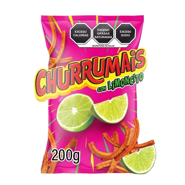 botana churrumais con limoncito 200 g — Bolsa frontal de 200 g de Churrumais con limoncito, tiras fritas rizadas de harina de maíz nixtamalizado con sabor a chile y limón; empaque rosa con logo y rodajas de limón ilustradas, etiquetas de exceso de calorías/grasa/sodio; ideal como aperitivo para fiestas y para acompañar con salsas o toppings.