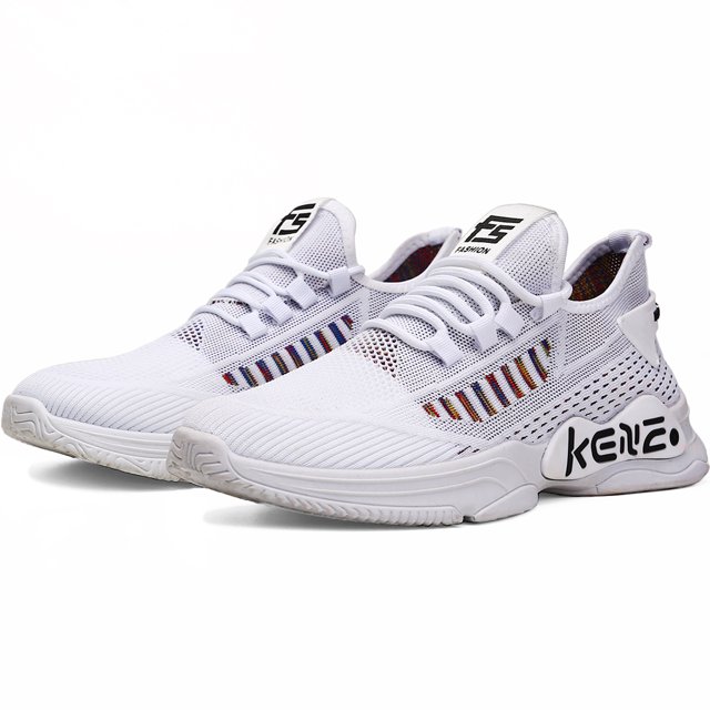 tenis hombre, zapatos hombre deportivos, zapatos de malla transpirable para hombre, zapatillas de deporte casuales de moda para entrenamiento caminar correr gimnasio Blanco Shendy Vendy — vista frontal 3/4 de un par de tenis blancos con tejido de malla transpirable, cordones planos, franjas tejidas multicolor en el lateral y suela blanca de tracción ligera con logo en el talón; fondo blanco, adecuados para caminar, correr, gimnasio y uso diario, a menudo usados también para viajar.