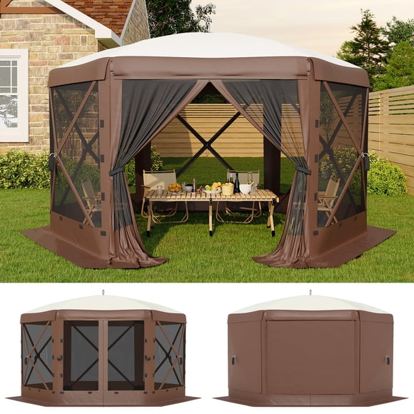 Carpa tipo cenador pop-up 13x13 pies – Montaje rápido – 6 lados con paredes y malla desmontables – Resistente al viento y lluvia – Perfecta para jardín, camping y eventos – Color Beige + Shenka
