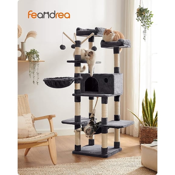 FEANDREA Árbol para gatos, torre grande para gatos, 64.6 pulgadas, centro de actividades para gatos con hamaca, canasta, palos de bola de piel extraíbles, condominio para gatos, gris ahumado