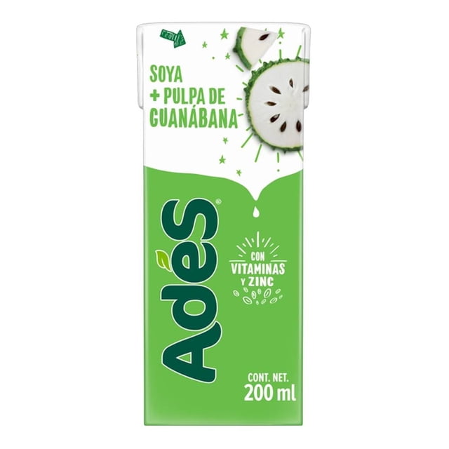 alimento líquido de soya ades sabor guanábana 200 ml caja frontal, vista centrada del envase verde y blanco con Ades en vertical, texto "soya + pulpa de guanábana", ilustración de guanábana, sello "con vitaminas y zinc" y "cont. net. 200 ml"; apto para acompañar el desayuno y comidas.