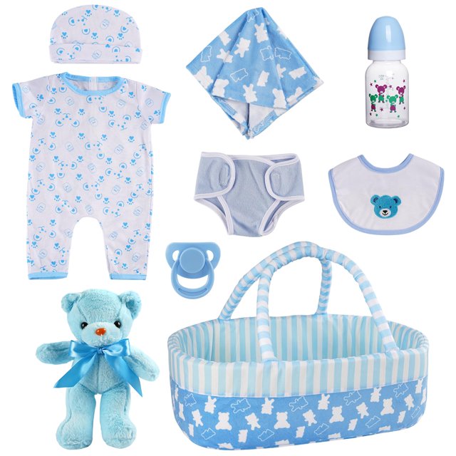 set de ropa para muñecas reborn babeside para 43 a 56 cm con capazo Juego de 9 piezas para muñecas de 17 a 22 pulgadas: mameluco y gorro estampados multicolor, babero con aplique de oso, pañal, chupón azul, biberón decorado, toalla estampada, osito de peluche azul y moisés plegable a rayas y con estampado de animales. Vista cenital con los accesorios ordenados sobre fondo blanco; también suele usarse para guardar y transportar accesorios de muñeca.