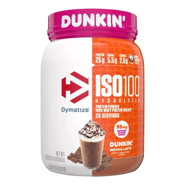 iso 100 dunkin' mocha latte 1.36 lb 20 servicios agregar a favoritos 5.0 calificación 5.0 de 5. Frente del envase Dymatize ISO100 Hydrolyzed protein powder sabor Dunkin' Mocha Latte, 20 servicios; etiqueta muestra 25 g proteína, 5.5 g BCAA, 2.6 g leucina y 95 mg cafeína por scoop, ilustración de café mocha con crema y trozos de chocolate, tapa magenta con logo DUNKIN', fondo blanco de estudio. Su tamaño también lo hace adecuado para llevar en viajes de entrenamiento.