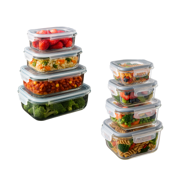 contenedores herméticos recipiente de vidrio borosilicato 8pz VITTORI transparente, dos pilas frontales de recipientes apilables con tapas de cierre lateral que muestran fresas, arroz, brócoli, mezcla de vegetales y pasta sobre fondo blanco; también adecuados para organizar porciones y llevar alimentos.
