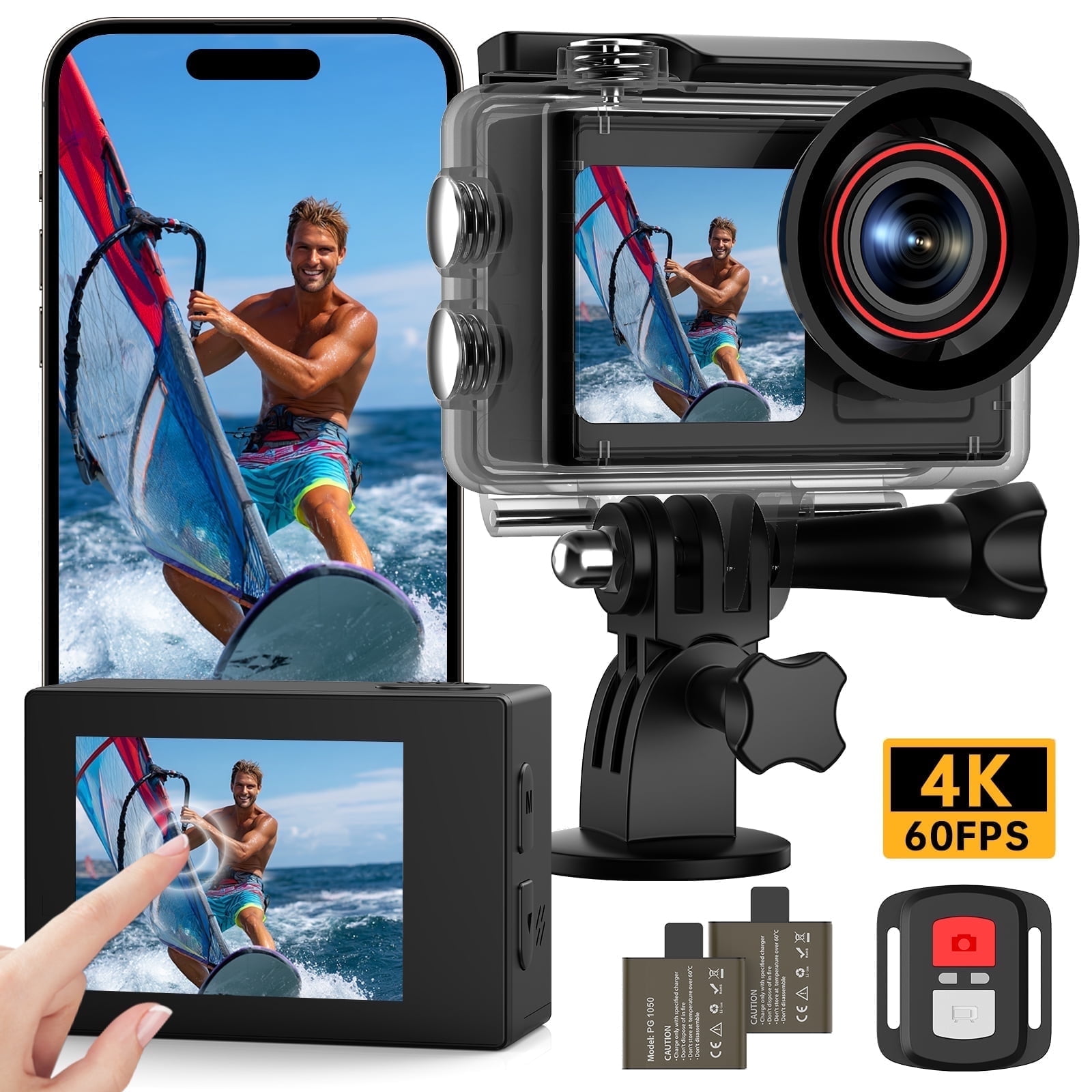 Cámara de Acción 4K 60FPS 30MP: Pantalla Trasera Táctil y Frontal de Selfie, Cámara Acuática Sumergible 40m, EIS, WiFi, Incluye Tarjeta 64GB y Kit de Accesorios para Vlog