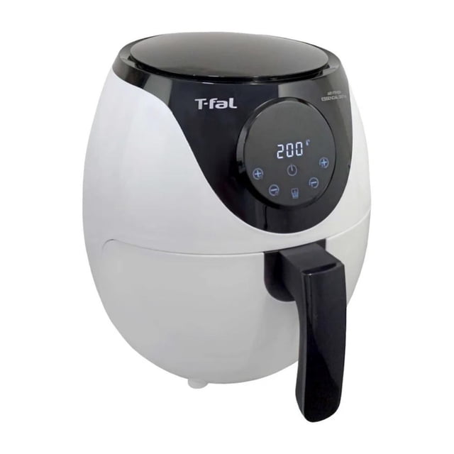 freidora de aire digital t-fal essencial 3.2 litros blanca ey1251x0 freidora ovoide blanca con panel digital frontal y botones táctiles que muestran 200°C, mango negro delantero y canasta extraíble antiadherente; incluye 6 programas automáticos y temporizador hasta 60 minutos, y suele usarse también para recalentar alimentos rápidamente.