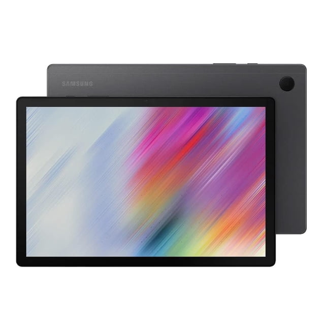 10.5" galaxytab a8 wifi 64g gris Samsung tablet Android, vista frontal y trasera en gris con pantalla de 10.5 pulgadas, marcos negros, pantalla con degradado diagonal y cámara trasera en esquina superior derecha; también suele usarse para consumo de multimedia en viajes.