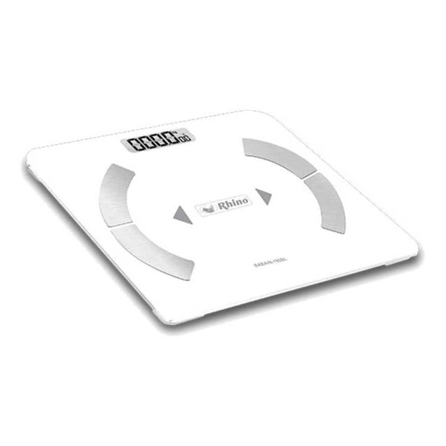 bascula intelige corporal bluetooth 180kg a100g blanca rhino multicolor 1 rhino babain-180 escala digital blanca, vista frontal en 3/4 con pantalla LCD superior; superficie cuadrada con cuatro electrodos metálicos semicirculares y logo Rhino en el centro; capacidad 180 kg y resolución 100 g; often usada para seguimiento de peso corporal y sincronización por Bluetooth.