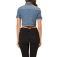 thumbnail image 3 of Chaqueta de mezclilla recortada para mujer INSPIRE CHIC, de manga corta, con botones, color azul claro, talla XS, 3 of 6