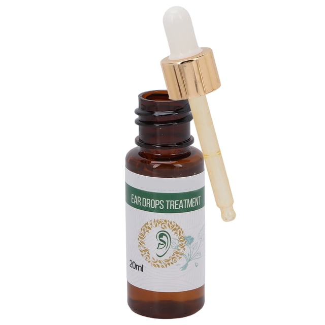 gotas para zumbidos en los oídos ingredientes seguros gotas para el tratamiento del tinnitus 20 ml para uso diario Frasco ámbar de 20 ml con etiqueta verde que dice "EAR DROPS TREATMENT", gotero con pipeta transparente y tapa dorada presentado abierto; según la etiqueta, formulado para alivio de tinnitus y molestias auditivas; a menudo usado también para humectar puntualmente almohadillas de audífonos.