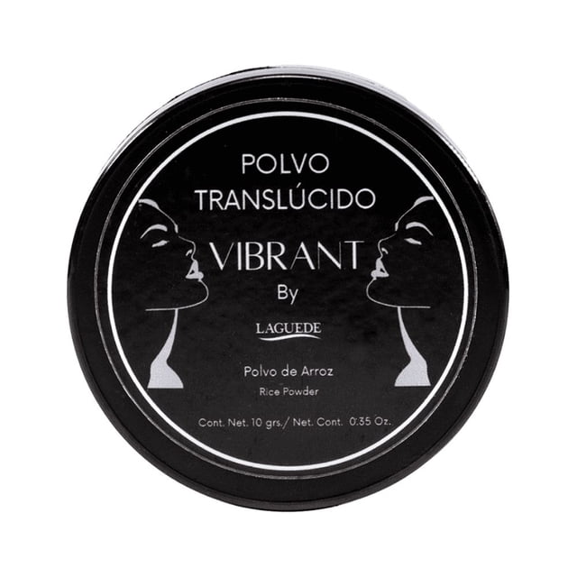 maquillaje facial laguede polvo traslúcido anti-envejecimiento en envase redondo negro con tapa frontal y texto blanco "POLVO TRANSLÚCIDO VIBRANT By LAGUEDE"; indica "Polvo de Arroz" y cont. neto 10 g; tono limpiar y textura mate y suave visible en el empaque; funciona como sellador de maquillaje para eliminar grasa y brillo y fijar el maquillaje; también suele usarse para matificar áreas pequeñas durante viajes.