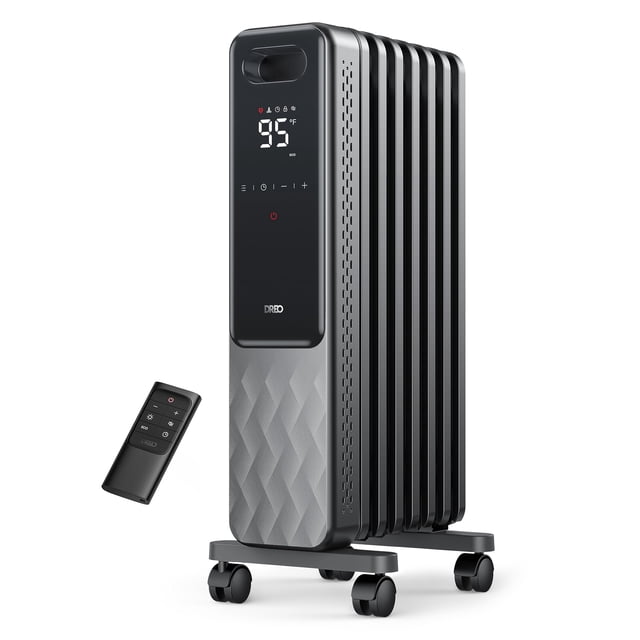 dreo - radiador con relleno de aceite, calentadores radiantes eléctricos para uso en interiores, habitación grande con control remoto, bloqueo para niños, 4 modos, protección contra sobrecalentamiento — radiador vertical negro de 7 aletas con panel digital que muestra temperatura y controles táctiles, base con ruedas giratorias y mando a distancia; carcasa texturizada, ventilación lateral, modos 600/900/1500 W y temporizador 24 h; suele usarse también para calentar oficinas pequeñas.