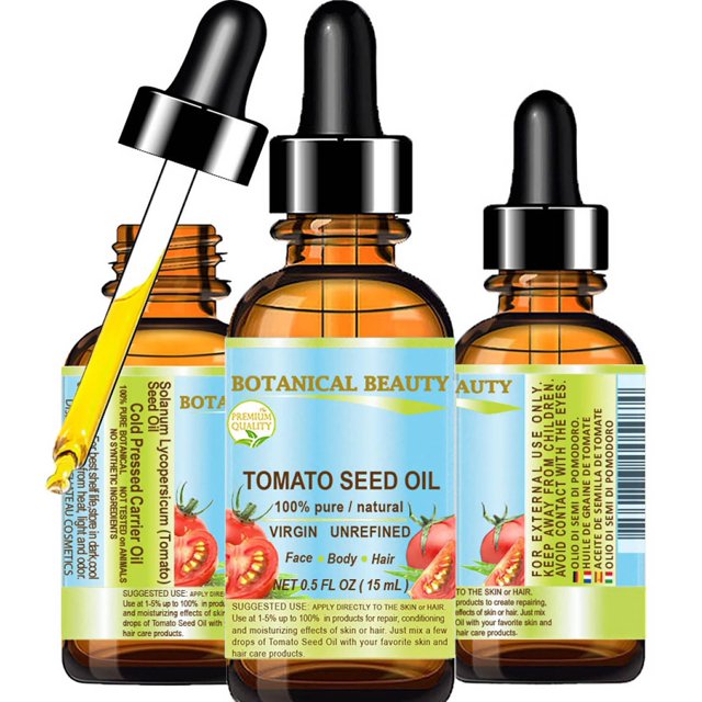 aceite de semillas de tomate botanical beauty, 15 ml, virgen, sin refinar botella ámbar con cuentagotas frontal y dos botellas parciales a los lados, etiqueta azul que indica 'Tomato Seed Oil' y uso para cara, cuerpo y cabello; cuentagotas muestra aceite dorado. Adecuado como aceite portador para mezclas de masaje o cuidado tópico según la etiqueta.