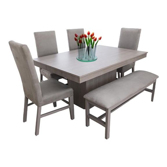 Comedor 4 sillas y 1 Banca con Mesa Rectangular Gris Camacho
