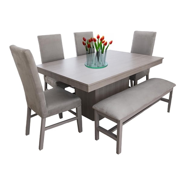 Comedor 4 sillas y 1 Banca con Mesa Rectangular Gris Camacho
