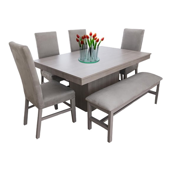 Comedor 4 sillas y 1 Banca con Mesa Rectangular Gris Camacho