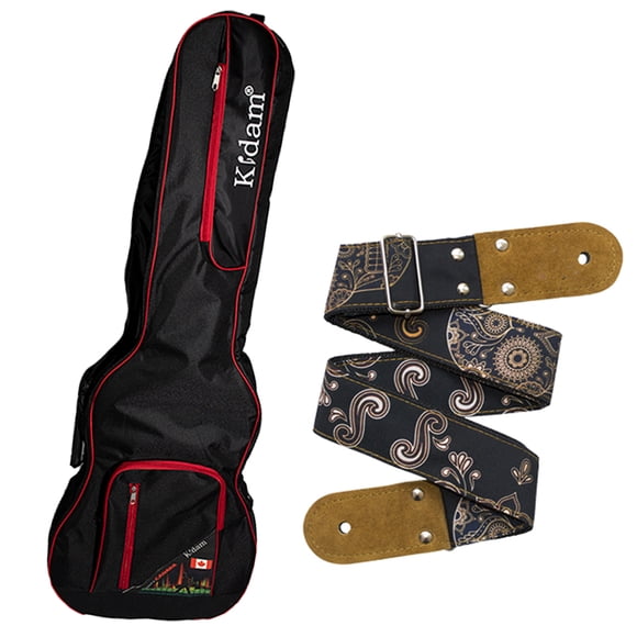 PAQUETE Estuche para Bajo Electrico Funda para bajo electrico  Gig bag, bajo case para trasporte y protección, color negro bordes rojos + Tahali strap correa bajo Kidam  CALAVERAS MEXICANAS
