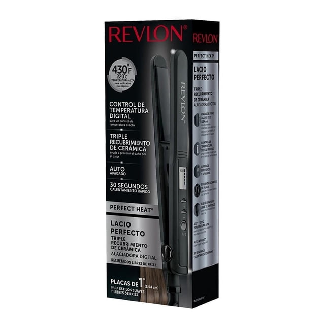 alaciadora revlon perfect heat de cerámica y turmalina negra plancha para cabello de 1 pulgada con control de temperatura digital; empaque vertical que muestra la plancha negra, botones y pantalla LED, texto 430°F (220°C), placas de cerámica, calentamiento en 30 segundos y cordón giratorio; también adecuada para retoques de viaje por su tamaño compacto.
