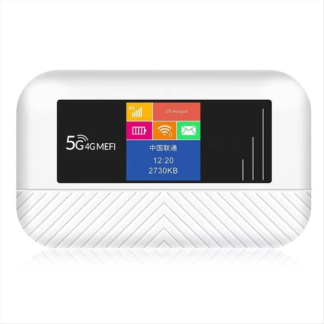 router lte 4g sim modem 300mbps wifi6 mifi compatible con tarjetas sim 5g mini punto de acceso wifi 4g de bolsillo puerto tipo c 3000mah blanco, vista frontal centrada; módem portátil con pantalla negra que muestra iconos de señal 4G, batería y notificaciones, carcasa plástica blanca con patrón chevrón en la mitad inferior y texto "5G 4G MEFI" en el panel, tamaño de bolsillo adecuado como accesorio de red y mifi para viajes.