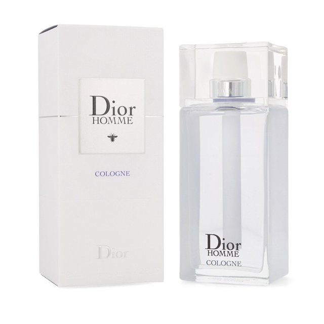 dior homme cologne 125 ml edc spray christian dior 125 homme cologne botella y caja frontal: botella rectangular de vidrio azul cielo con tapa transparente y texto 'Dior Homme Cologne' junto a caja blanca con logo; fragancia cítrica-aromática para caballero, 125 ml. Adecuada también como regalo de Día del Padre por su presentación compacta.