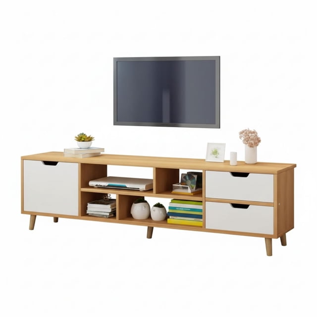 mueble de tv mesa modular rack pantalla multifuncional bicolor nórdico en madera clara y frentes blancos, vista frontal centrada de 120 cm mostrando gabinete lateral con puerta, dos cajones y múltiples nichos abiertos para consolas y soundbar, patas elevadas y superficie con libros y accesorios, fondo blanco. Adecuado para salas y áreas de entretenimiento; a menudo usado también como mueble de almacenamiento multimedia.