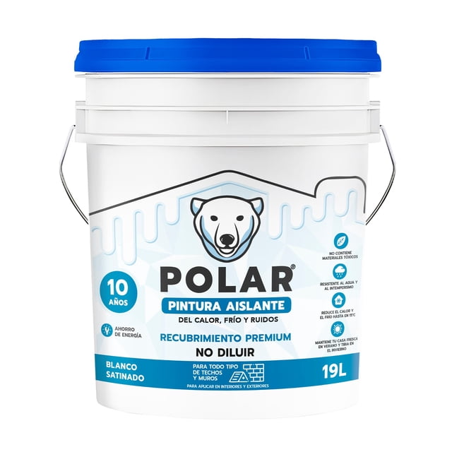 polar pintura super aislante 40m2 a dos manos frío/calor/ruidos blanco satinado 19l cubeta frontal blanca con tapa azul, etiqueta con logo de oso polar y textos legibles 'POLAR PINTURA AISLANTE', '19L', 'BLANCO SATINADO' y 'NO DILUIR'; indicada para techos, muros y paredes interiores y exteriores, ideal para uso residencial e industrial, y a menudo usada también para recubrimientos en bodegas pequeñas.
