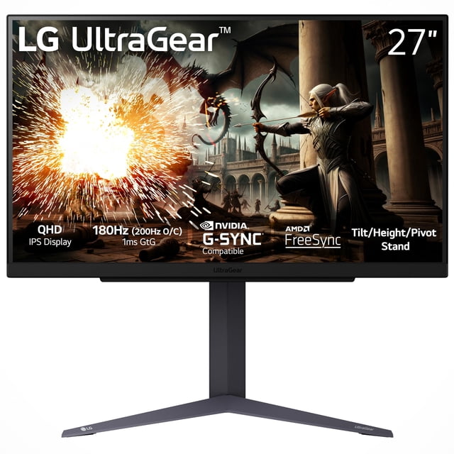 lg 27gs75q-b 27-inch ultragear qhd (2560x1440) gaming monitor, 180hz (o/c 200hz), 1ms, ips, nvidia g-sync compatible, amd freesync, hdr10, tilt/height/pivot stand, hdmi, displayport, black — Vista frontal del monitor LG UltraGear 27" QHD con biseles prácticamente sin marco en tres lados y pantalla IPS que muestra una escena de batalla; chasis negro mate y base en Y con columna ajustable para altura, inclinación y giro. A menudo usado también como monitor de productividad para estaciones de trabajo ergonómicas.