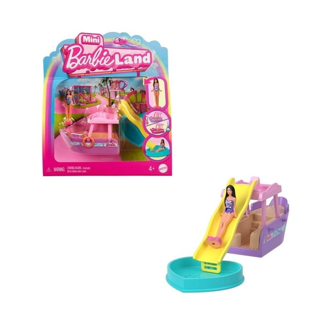 vehículo para muñecas barbie mini barbieland yate de los sueños miniatura en empaque y mostrado armado; yate multicolor rosa, lila y amarillo con tobogán que desemboca en piscina azul y muñeca articulada Barbie de 3.8 cm sentada; parte de la colección Mini BarbieLand y revela colores con agua fría o caliente.