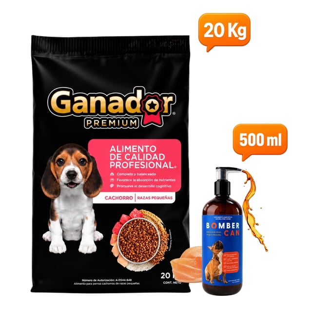 Croquetas Para Perro Ganador Premium Cachorro Razas Pequeñas 20 Kg con Bomber Can aceite de Salmon 500 ml