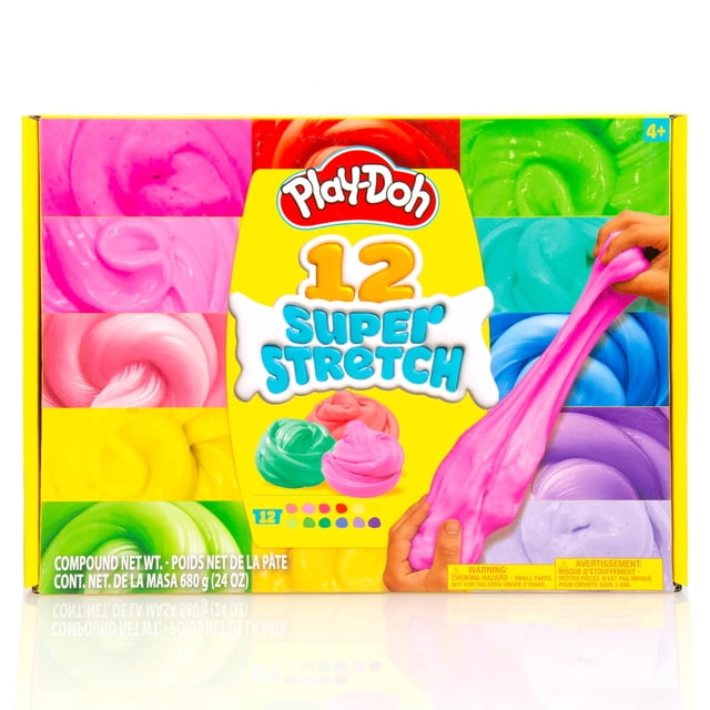 slime play-doh super stretch de 12 piezas para niños con 12 colores Set Play-Doh Super Stretch de 12 recipientes resellables (2 oz) en colores surtidos, empaque frontal con logo Play-Doh y texto "12 Super Stretch"; mano estira masa rosa para mostrar elasticidad y textura; adecuado para manualidades, masa sensorial y regalos de fiesta.