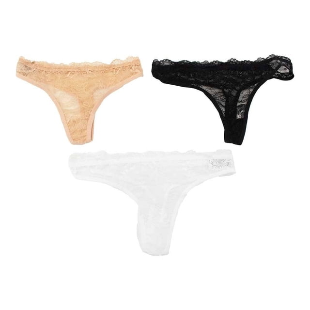 tanga secret treasure para dama diseño con encaje varios colores 3 piezas talla eg Conjunto de 3 tangas talla EG en beige, negro y blanco; vista frontal sobre fondo blanco, silueta baja tipo tanga con encaje delicado y pretina elástica, ajuste para uso diario y fácil combinación con otras prendas. Ideal también como opción práctica para viajar por su talla compacta.