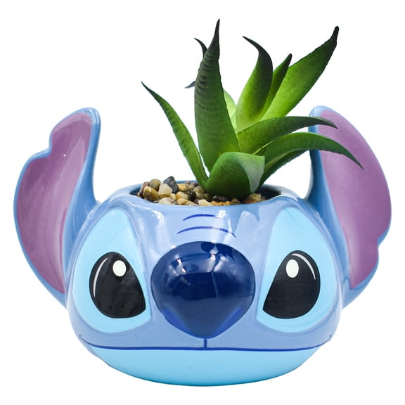 Maceta Decorativa Cerámica con Planta Artificial, Diseño Stitch en 3D, Maceta Decorativa para Hogar, Escuela u Oficina