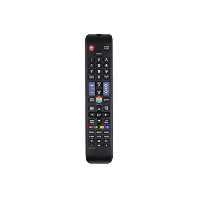 control compatible samsung smart tv netflix amazon universal Control Expert negro, mando a distancia universal frontal y vertical con botones numéricos, controles de volumen y canal, pad direccional, atajos para Netflix y Amazon y botón de encendido en la parte superior.