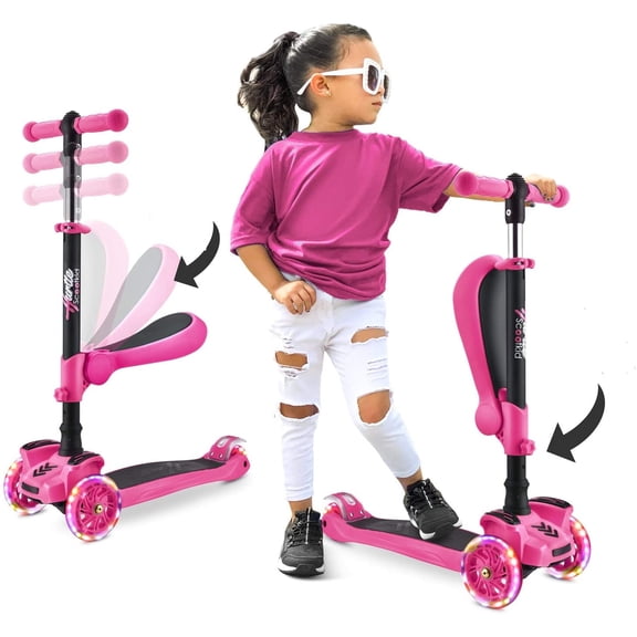 Scooter Patineta Hurtle con 3 Ruedas Luces LED Ajustable Asiento Plegable con Freno Infantil Rosa