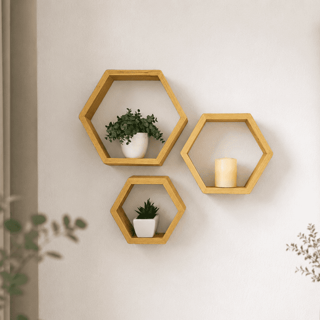 set de 3 repisas flotantes hexagonales montessori en madera de pino, frontal tipo panal con repisa grande, mediana y chica mostrando dos macetas blancas y una vela; acabado natural lijado y barnizado en pared clara, ideal para sala, recámara u oficina y también aptas para organizar accesorios decorativos ligeros.
