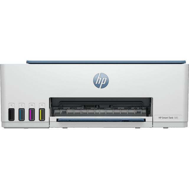impresora multifuncional hp smart tank 585 tinta continua color wi-fi direct vista frontal centrada de la impresora HP Smart Tank 585 blanca; bandeja de salida frontal, logo HP azul centrado y tanques integrados visibles a la izquierda con niveles cian, magenta, amarillo y negro. Etiqueta lateral "HP Smart Tank 585" y ranura de alimentación superior. Compatible con impresión inalámbrica Wi‑Fi Direct y la app HP Smart; adecuada para imprimir, copiar y escanear en hogar u oficina.